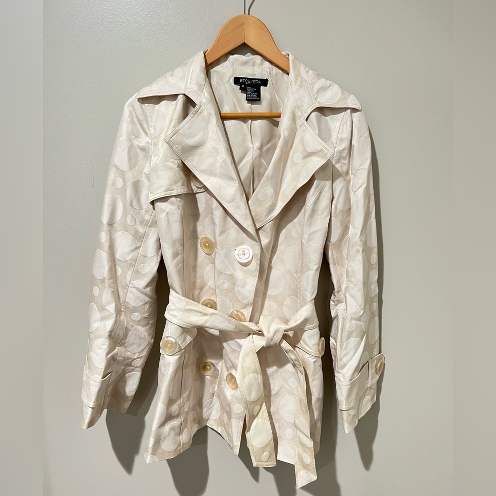 Etcetera Silk Polka Dot Cream Short Tie Belted Trench Double Button Jacket Coat.